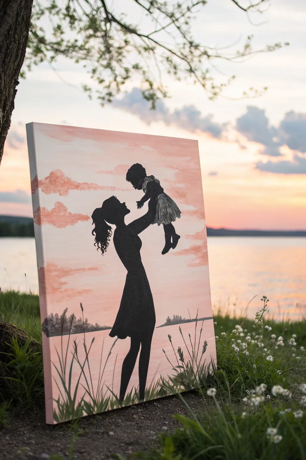 Minimal blush sunset canvas with mother and baby girl silhouette, sweet and modern nursery art.