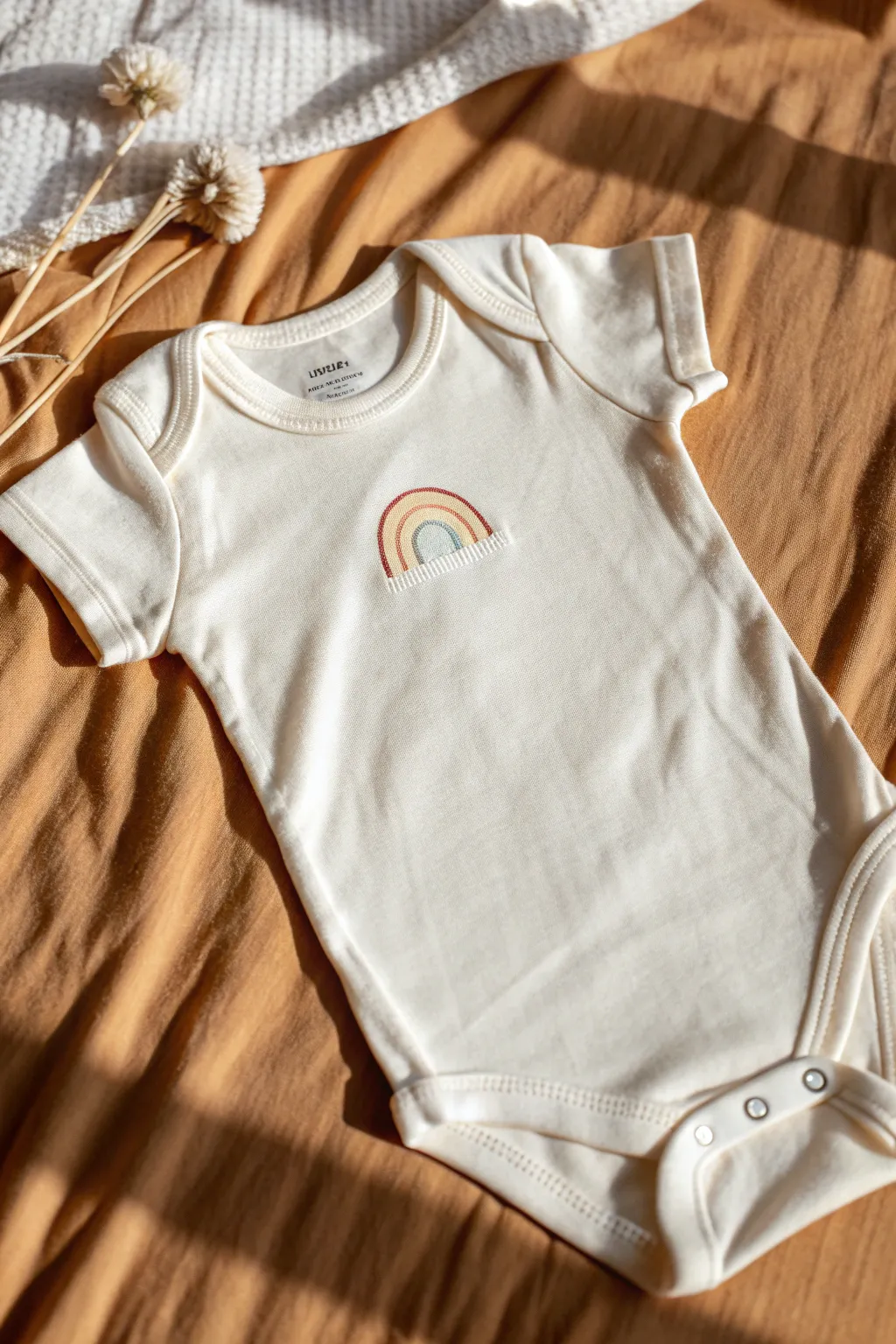 Puffy paint doodle onesie with raised outlines and soft pastel fills, clean minimalist style