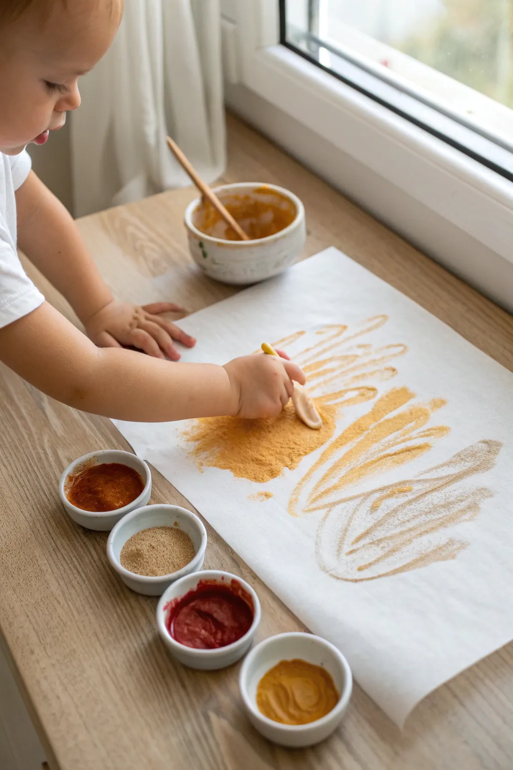 Creamy spice-tinted finger paint on taped paper for soothing, multi-sensory baby art play