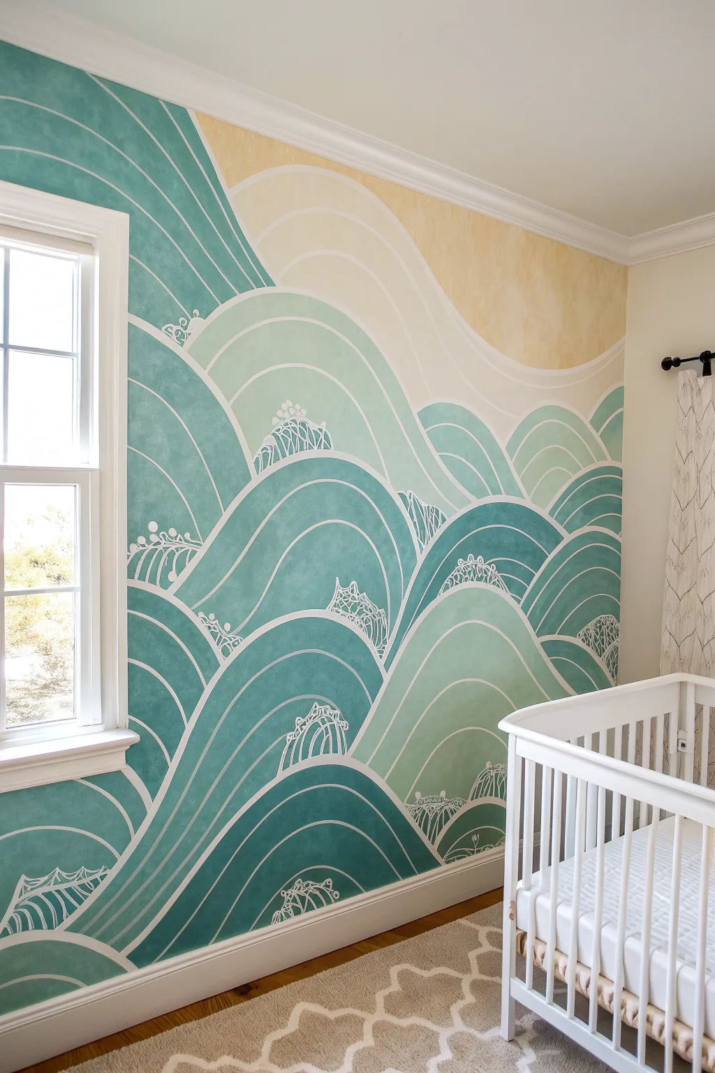 Soft blue-green wave mural brings calm coastal vibes to a minimalist nursery wall