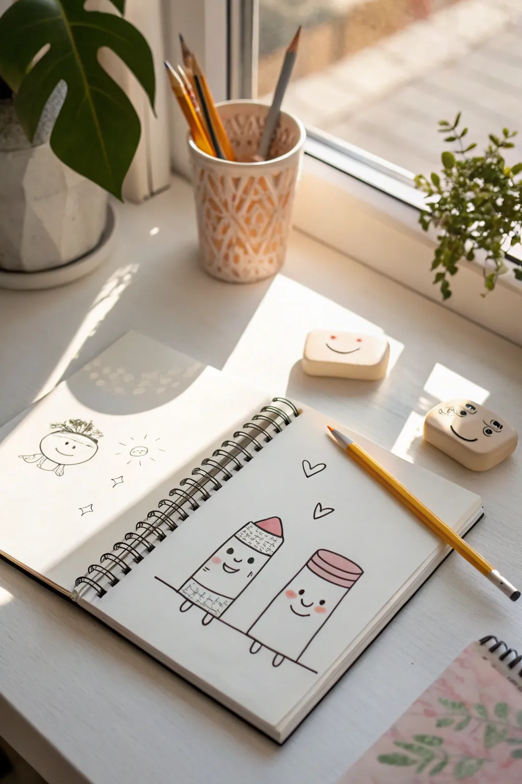 Sketch cute school supply characters: a rounded pencil, notebook, and eraser with simple smiles.