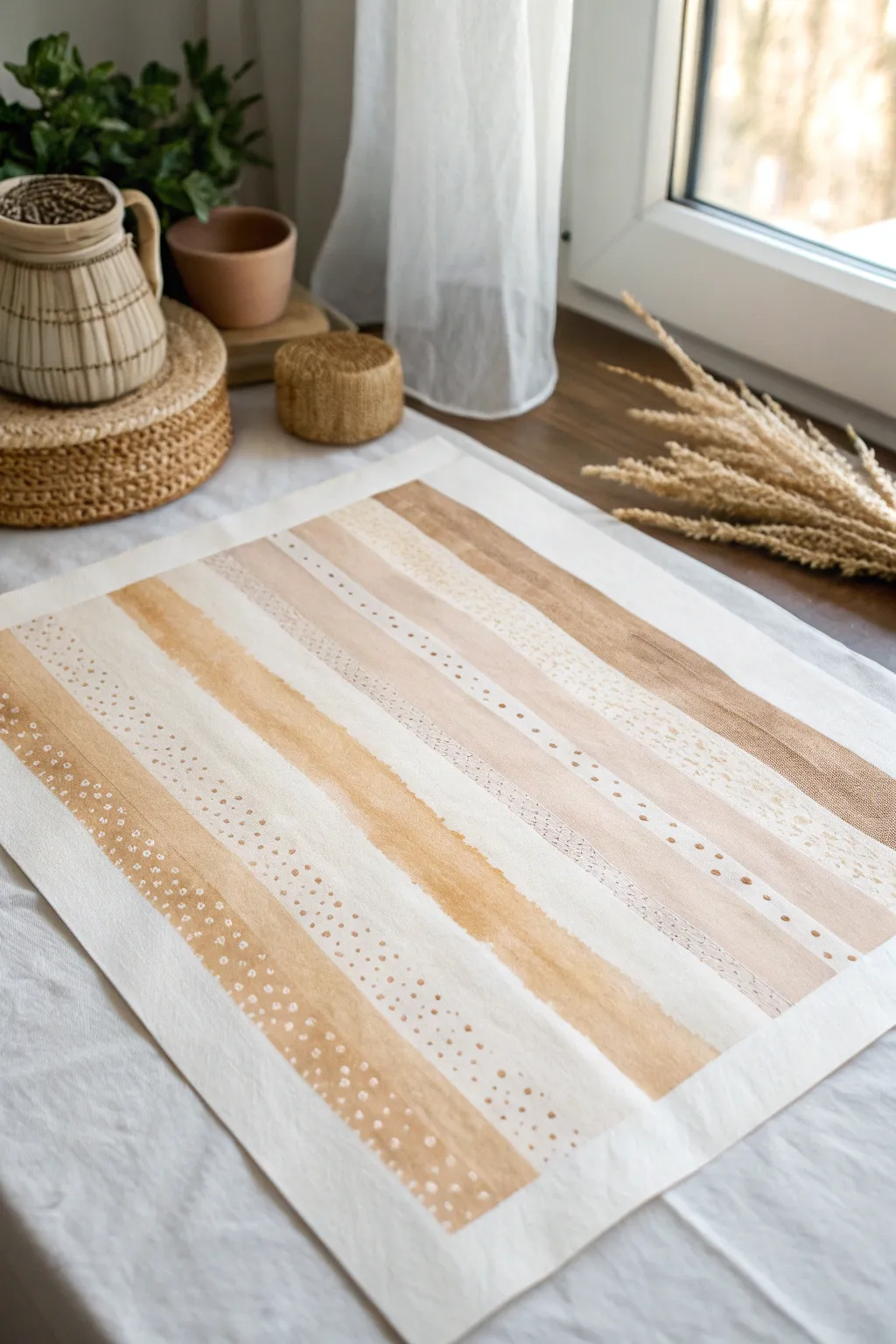 Tone-on-tone layers: translucent dots over stripes create a third shade with calm Nordic depth