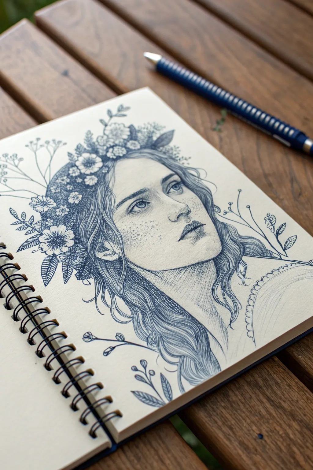 Surreal ballpoint portrait where hair becomes vines and blooms, minimalist yet dreamy craftsmanship