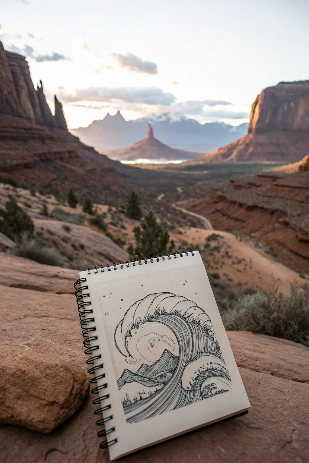 Surreal band sketch: tiny performers beneath a towering soundwave mountain in moody minimal style