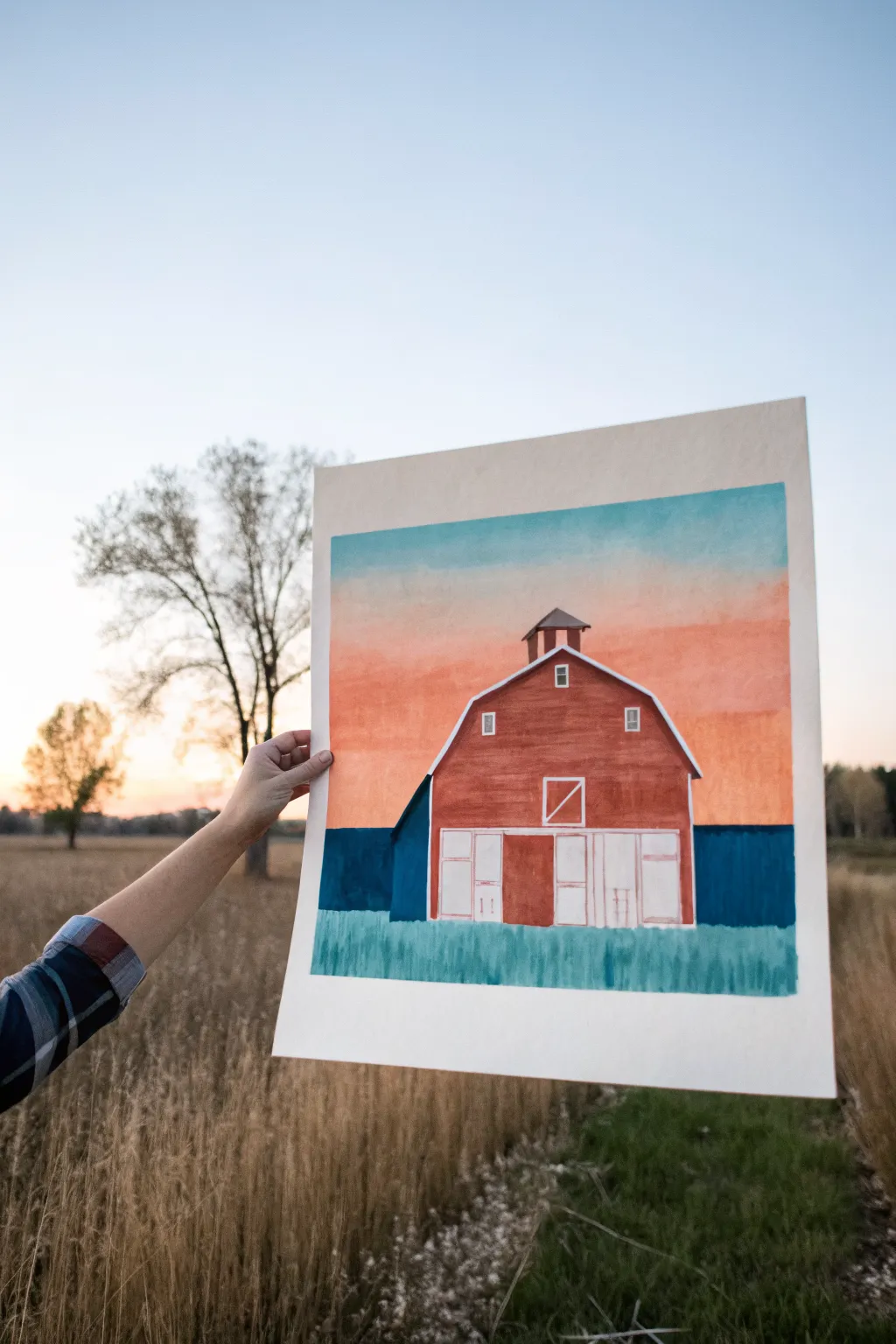 Abstract color-block barn silhouette in warm Scandinavian tones, modern and easy to recreate