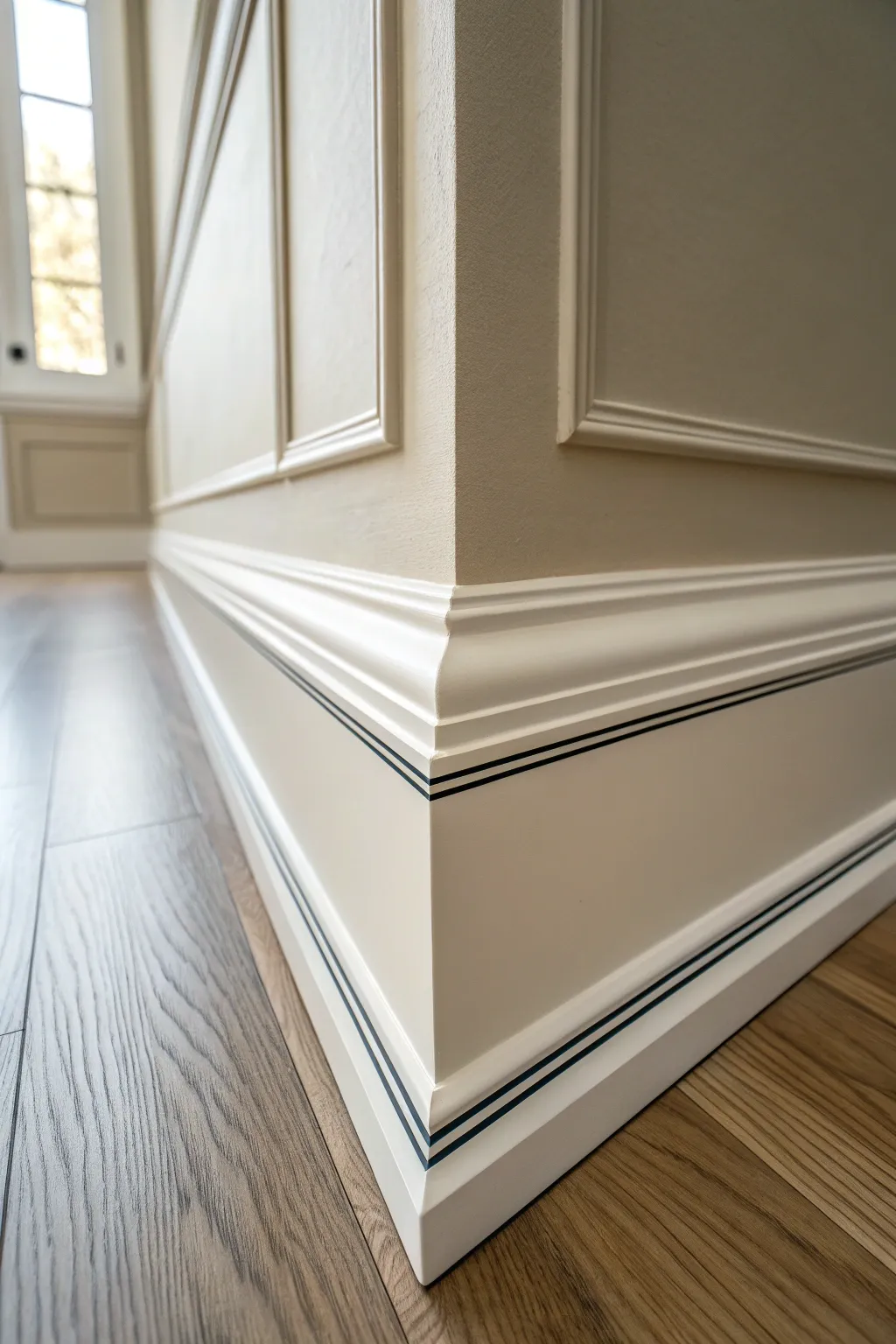 Two-tone baseboard with a delicate pinstripe accent line for a clean, modern statement