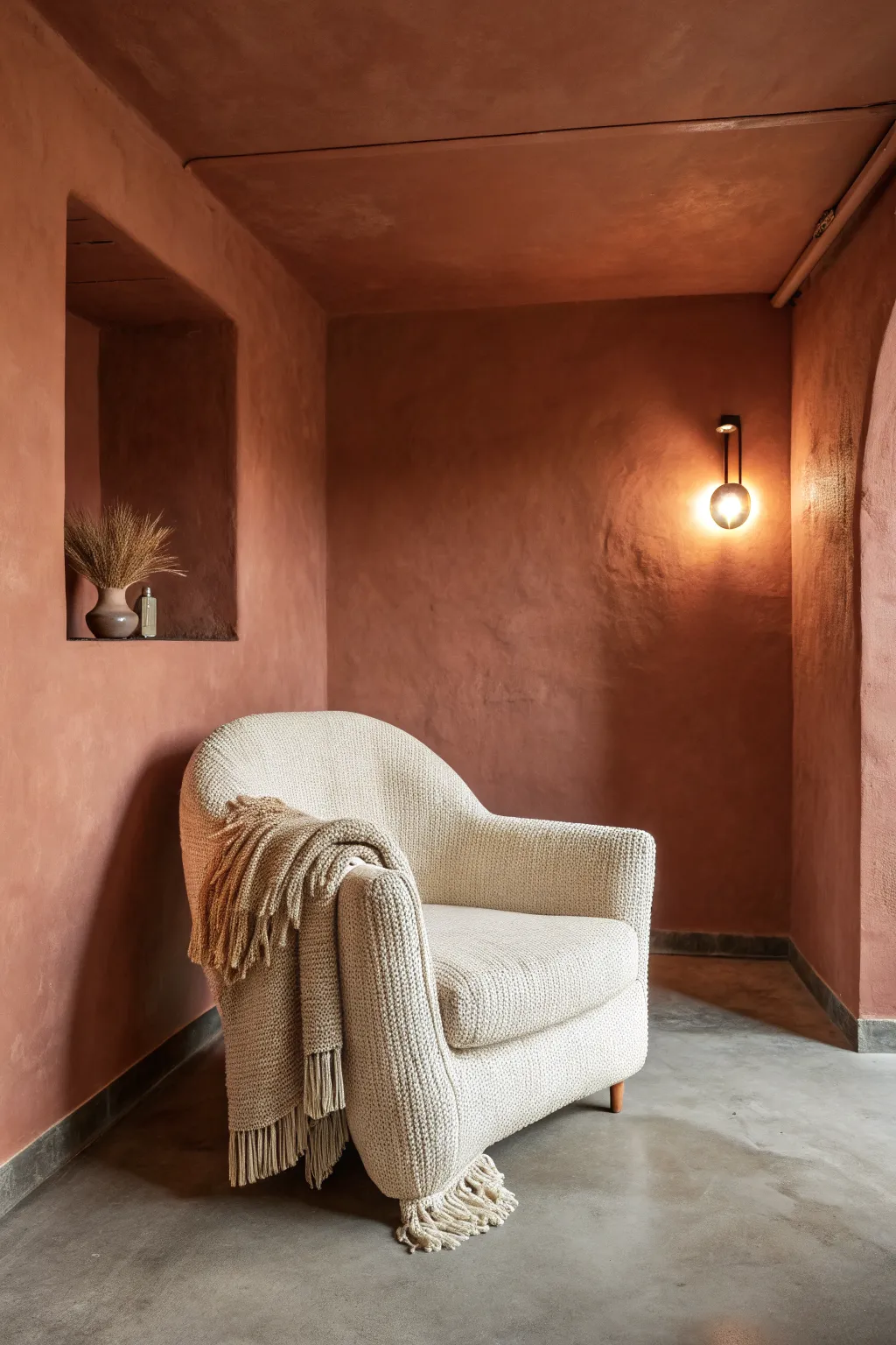 Color-drenched basement nook with warm light, turning one statement chair into a cozy cocoon.