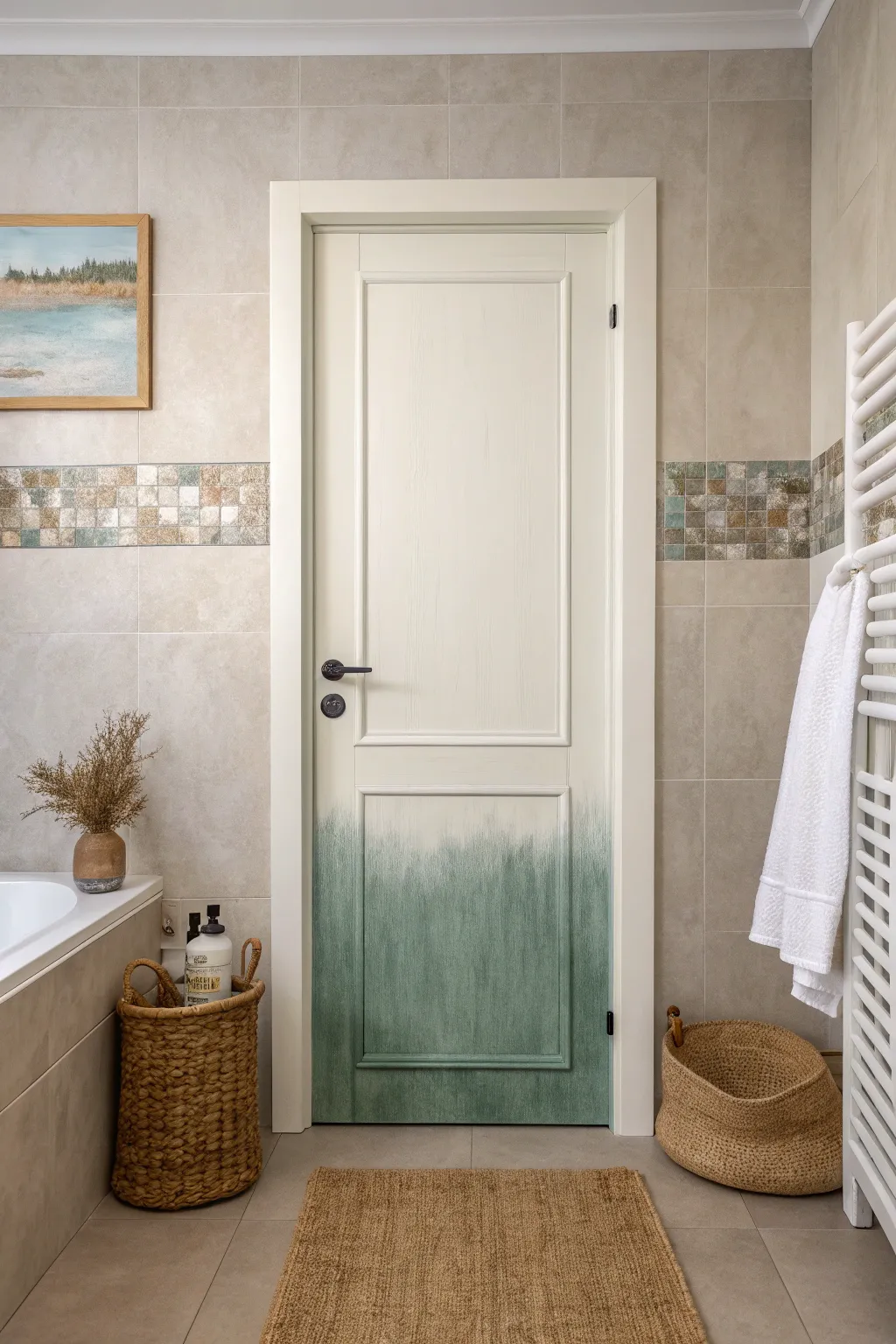 A calm, hand-painted ombre wash that turns a simple bathroom door into a one-of-a-kind feature.