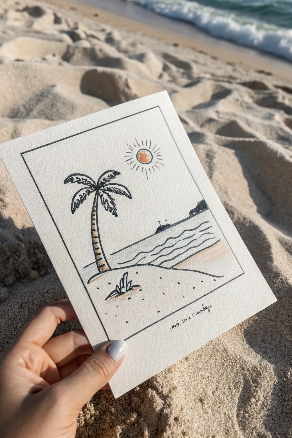 Postcard-style beach scene in a simple border, with palm, sun, shoreline, and a blank caption space