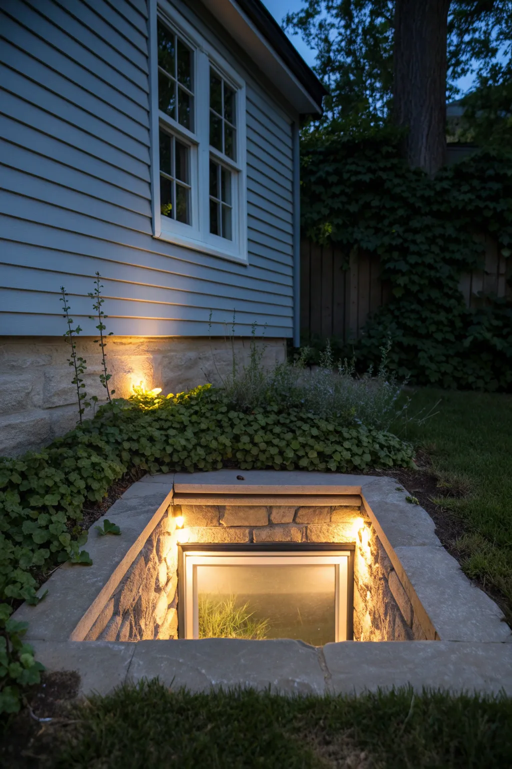 Night glow window well: soft hidden lighting revealing stone, greenery, and calm Scandinavian vibes.