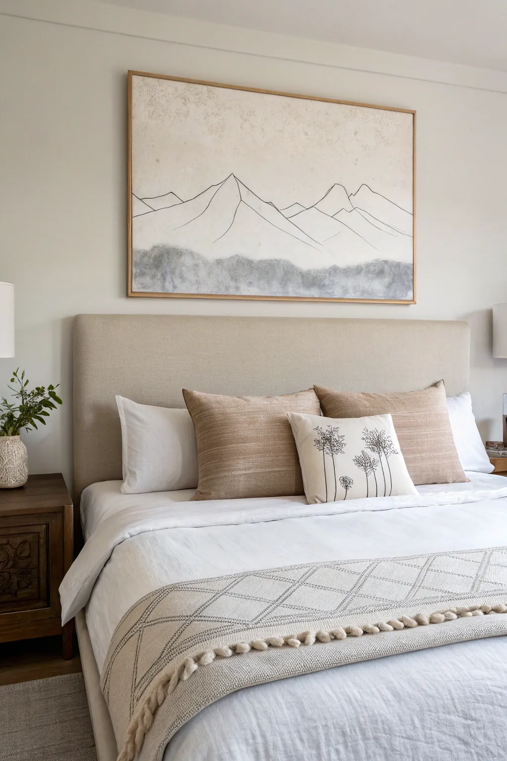 Serene abstract canvas above the headboard, hiding tiny personal symbols in soft neutral layers.