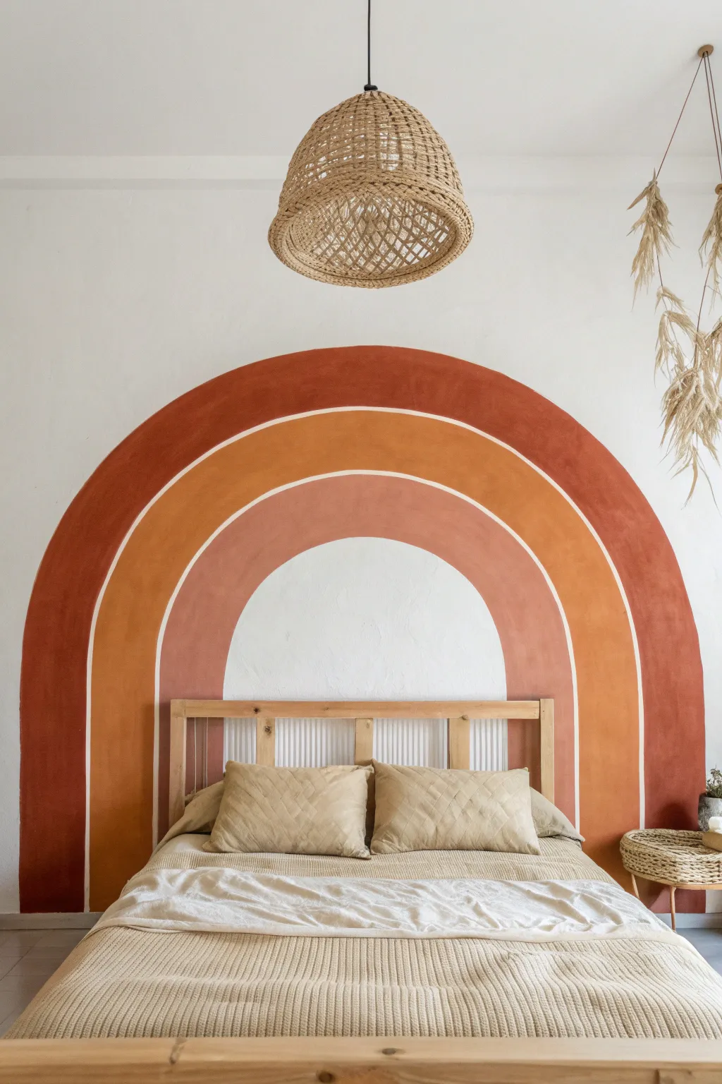 Transform your sleeping space with a DIY painted arch in soothing earth tones to create a cozy, artistic focal point.
