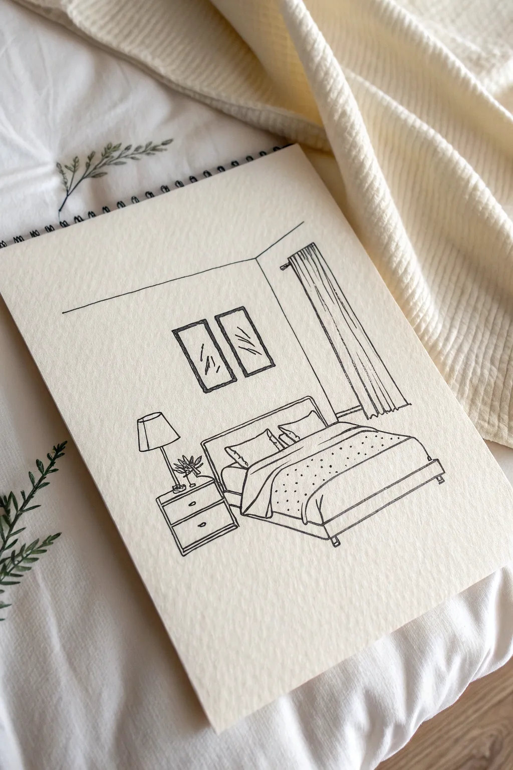 Minimal line art bedroom illustration with calm Scandinavian vibes and airy negative space.