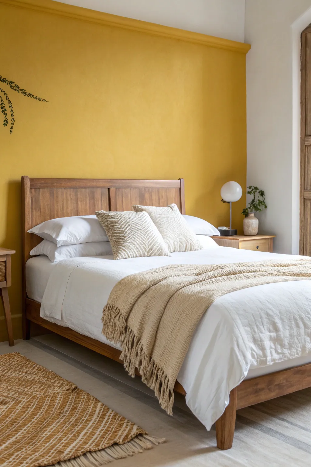 Mustard yellow walls meet crisp linens and warm wood for a sunny, creative bedroom glow