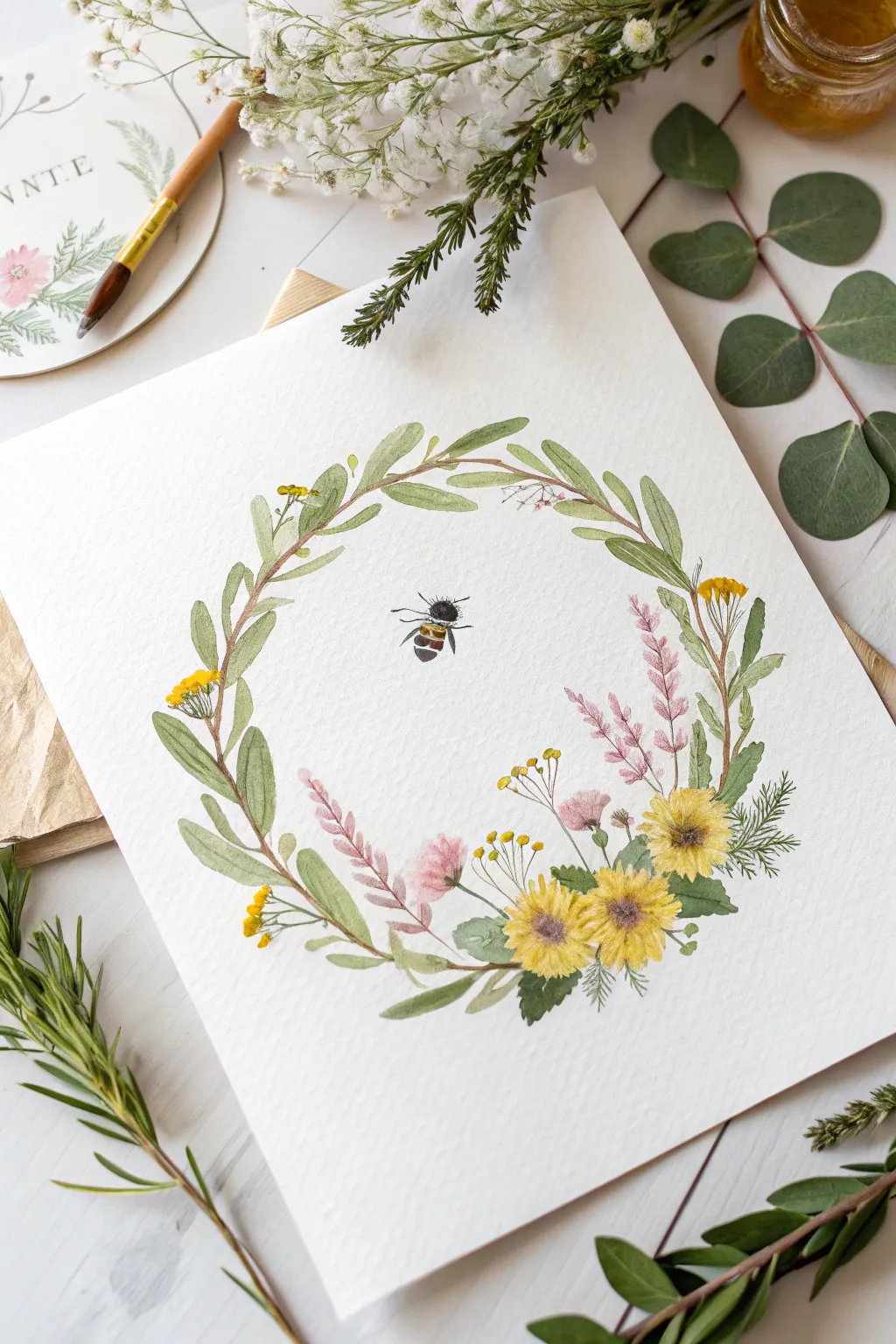 Balanced bee and flower wreath in soft watercolor tones, perfect for minimalist boho painting practice