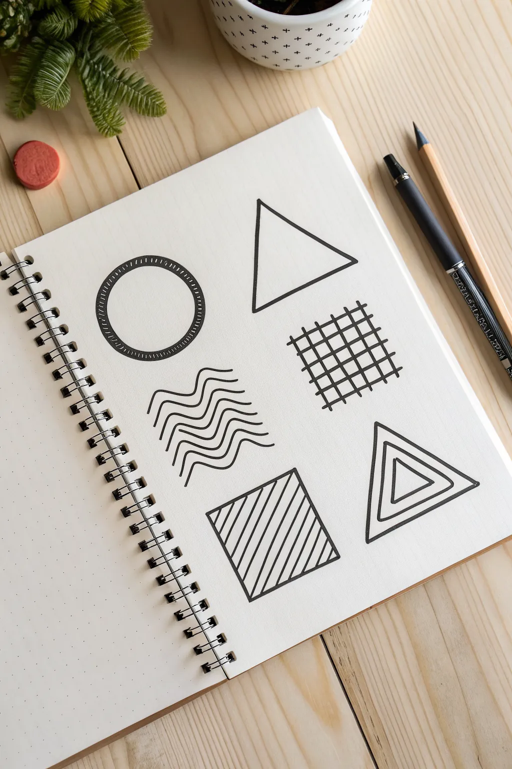 Simple shape doodles with stripes, dots, waves and checks, perfect for beginner drawing practice