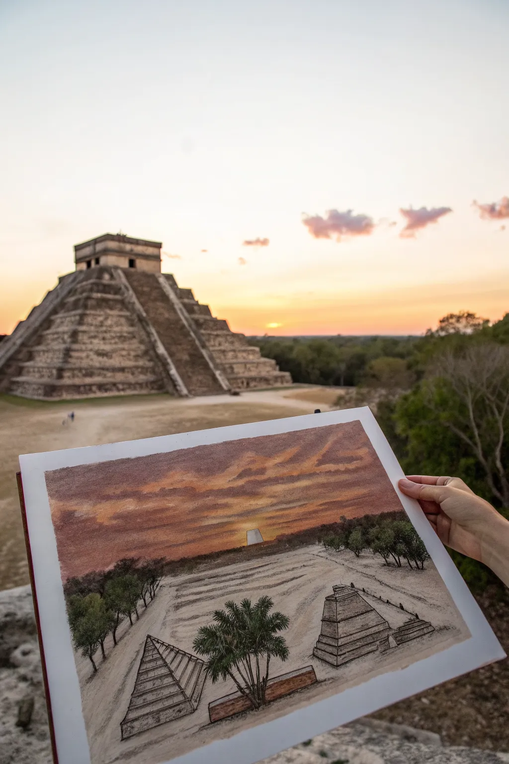 Easy Mayan temple silhouette painting in sunset hues, minimalist Mexican vibe for beginners