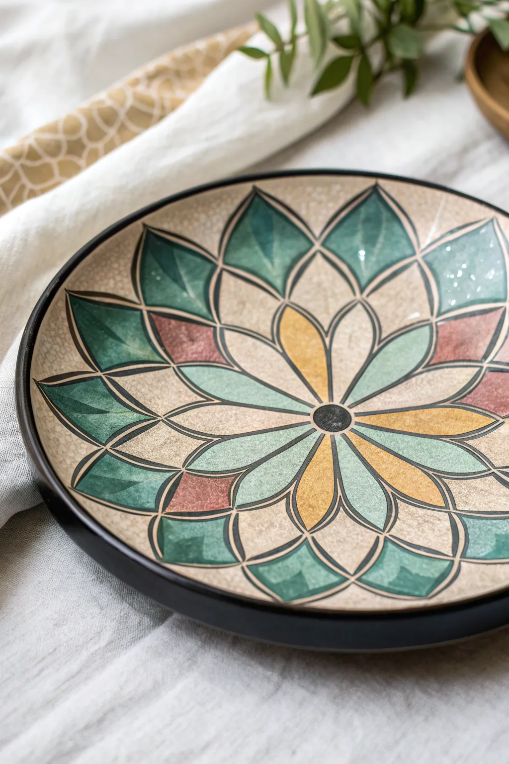 Beginner faux stained-glass plate idea with bold outlines and soft translucent color sections