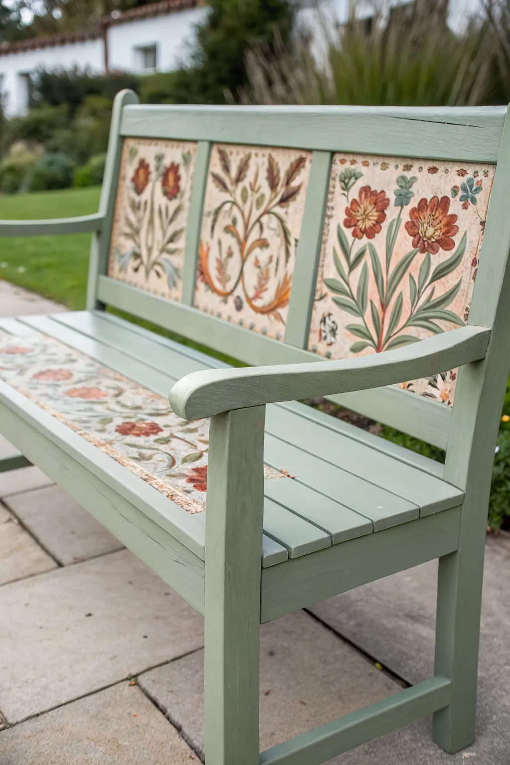 Solid-color bench with hand-painted florals for Scandinavian minimalism and a soft boho garden feel