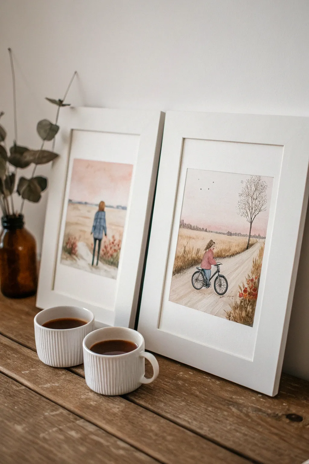 Then-and-now best friend diptych: childhood bikes and today coffee cups in soft earthy tones.