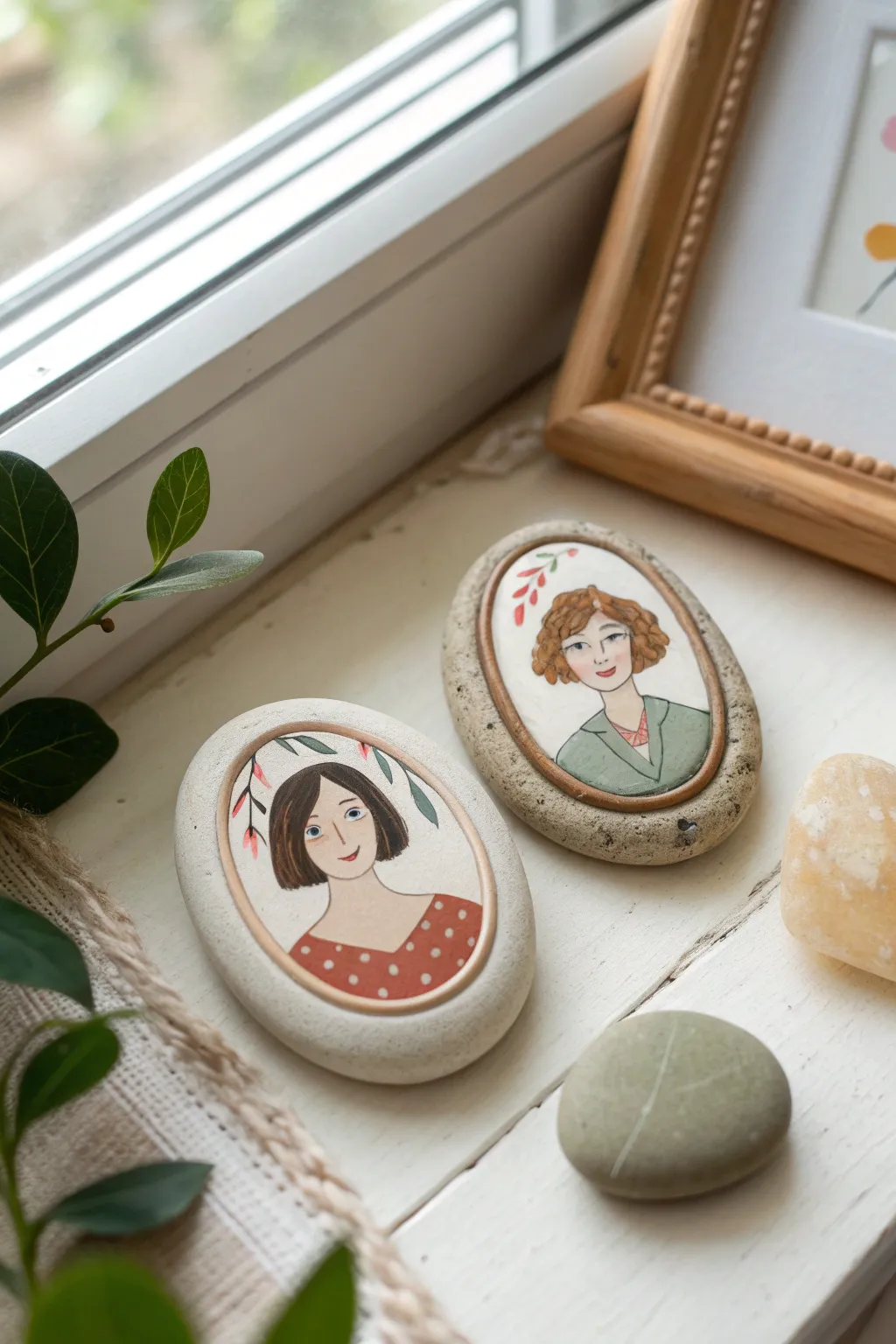 Mini snapshot bestie portraits on painted rocks, simple lines, soft smiles, cozy neutral tones