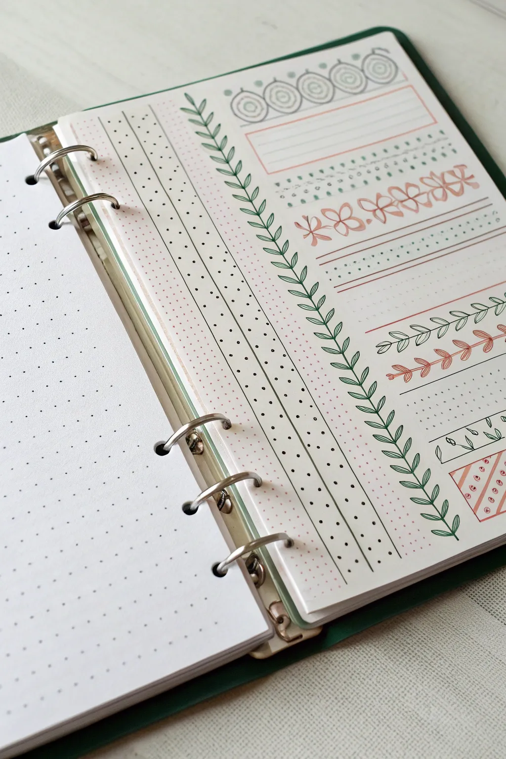 Pattern sampler strips on a binder page for minimalist doodle practice with chic swatch-book vibes