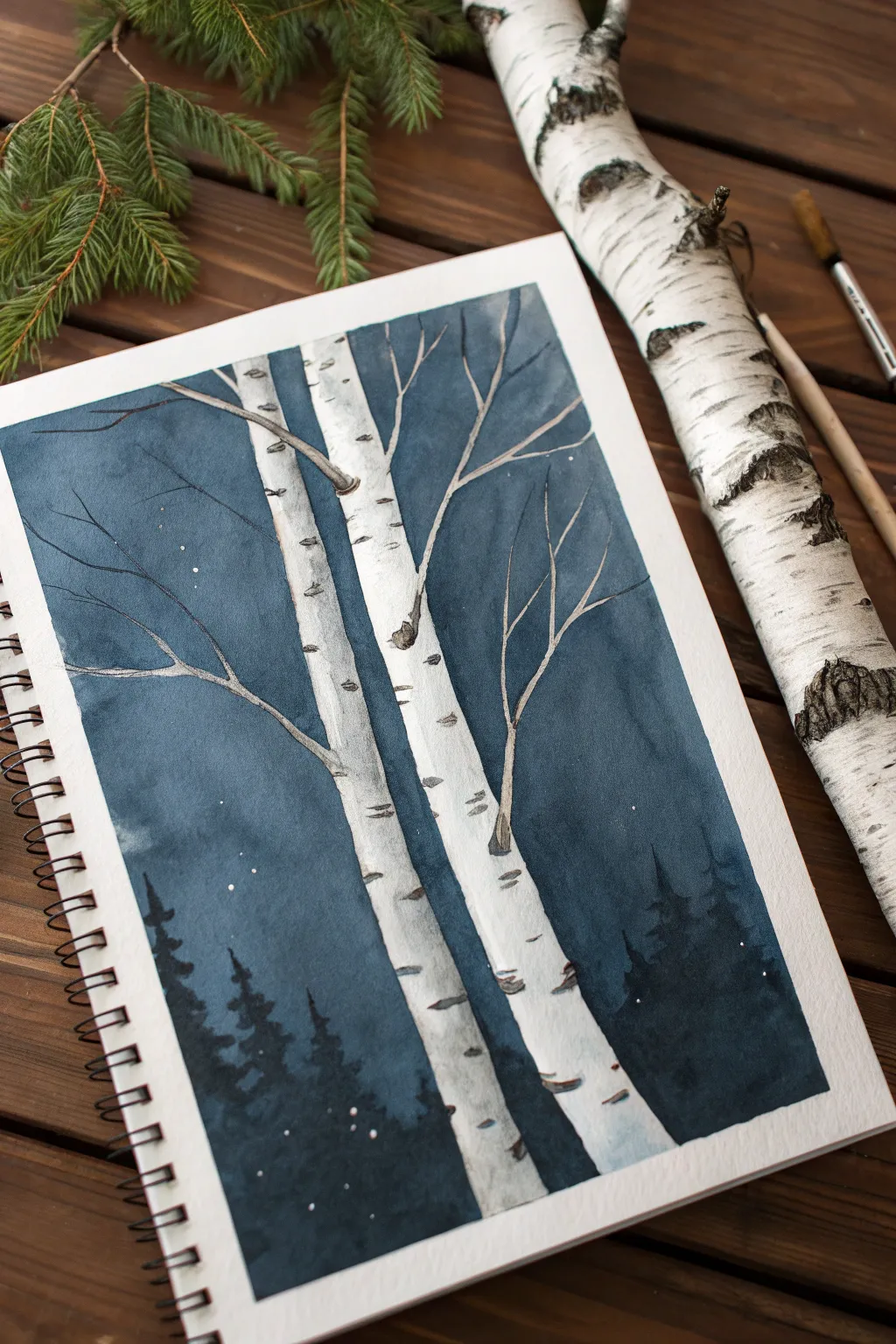 Modern negative-space birches: crisp white trunks against one bold, dark wash