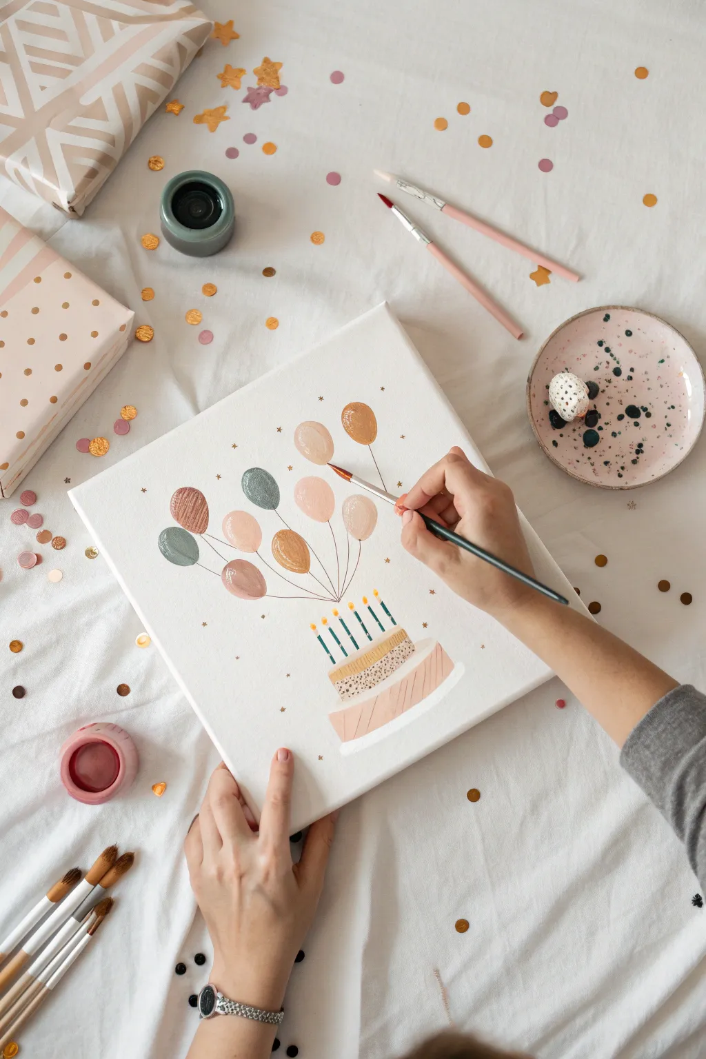 A shared birthday canvas where every guest adds a tiny detail, balloons, candles, confetti