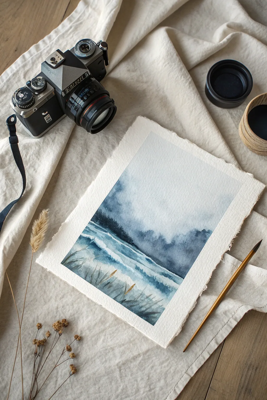 Monochrome ink wash with a single blue bloom, smoky edges, calm Scandinavian mood.
