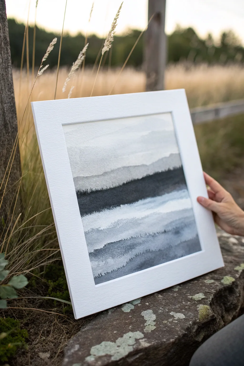 Bold black drips over soft grey layers, finished with delicate splatter for modern contrast