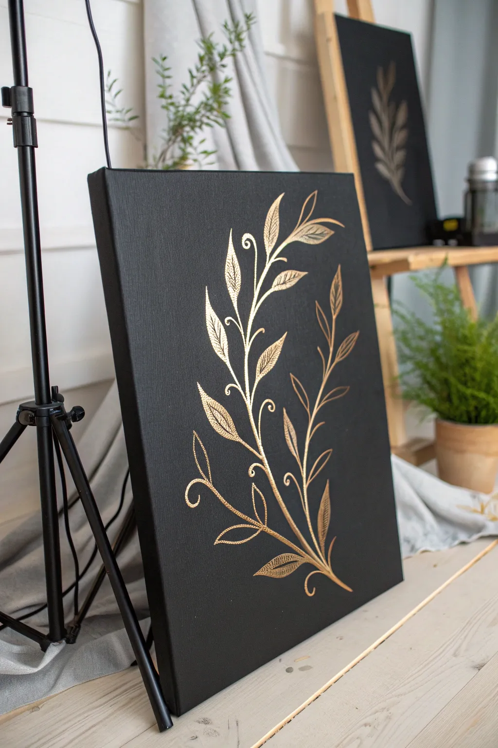 Metallic gold botanicals shimmer on matte black for a sleek, minimalist statement piece.