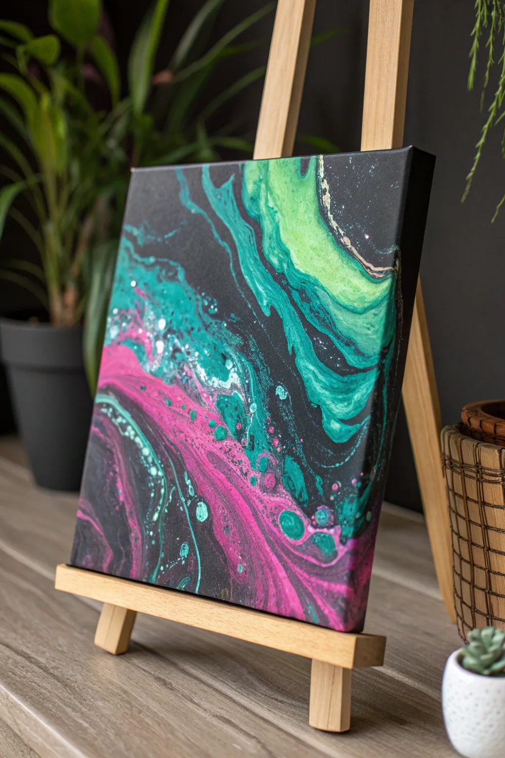 Neon UV paint-pour cells glowing against deep black negative space for a bold black light idea