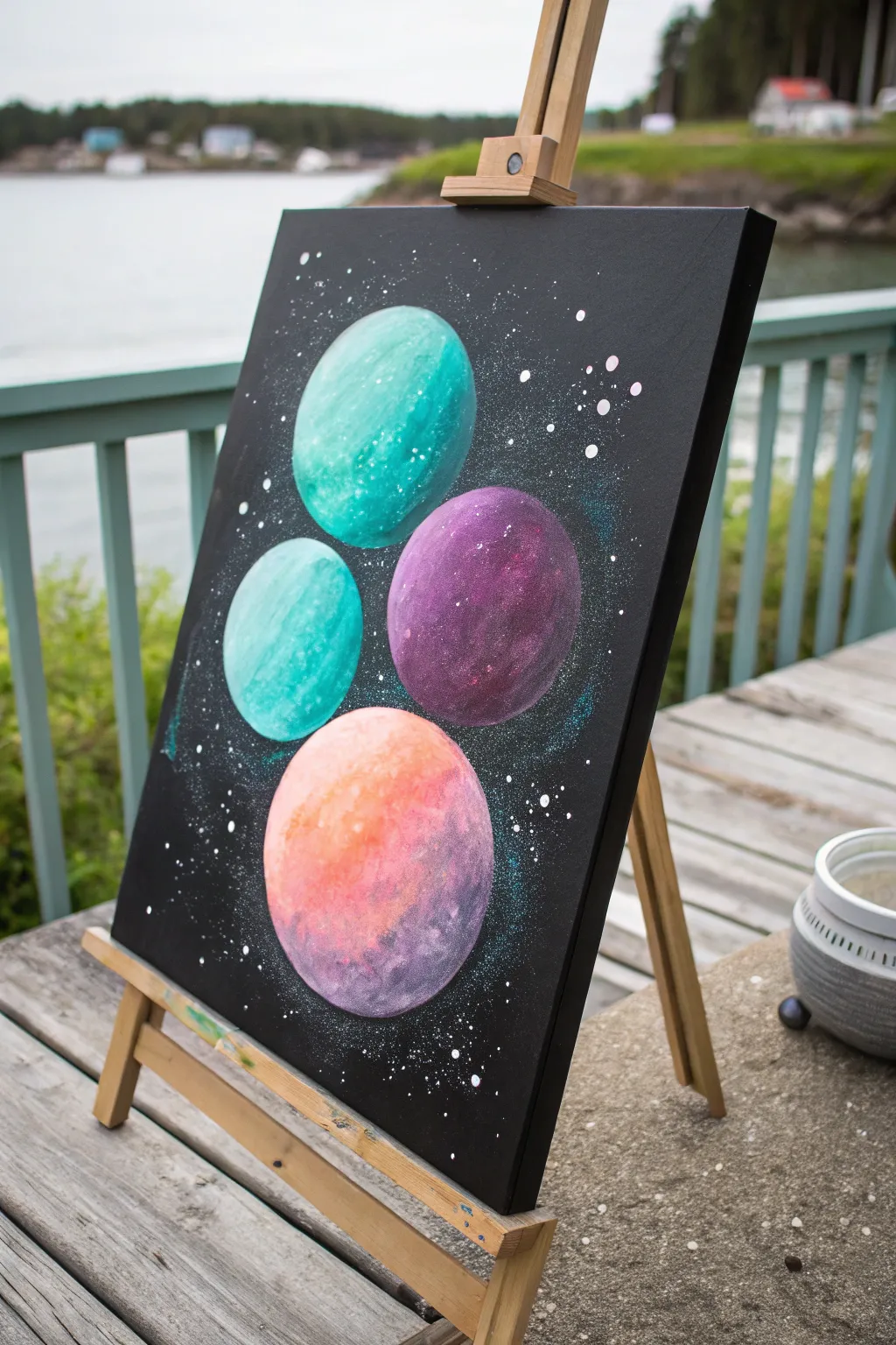 Glowing teal, violet, and coral orbs softly smudged into a deep black abstract background
