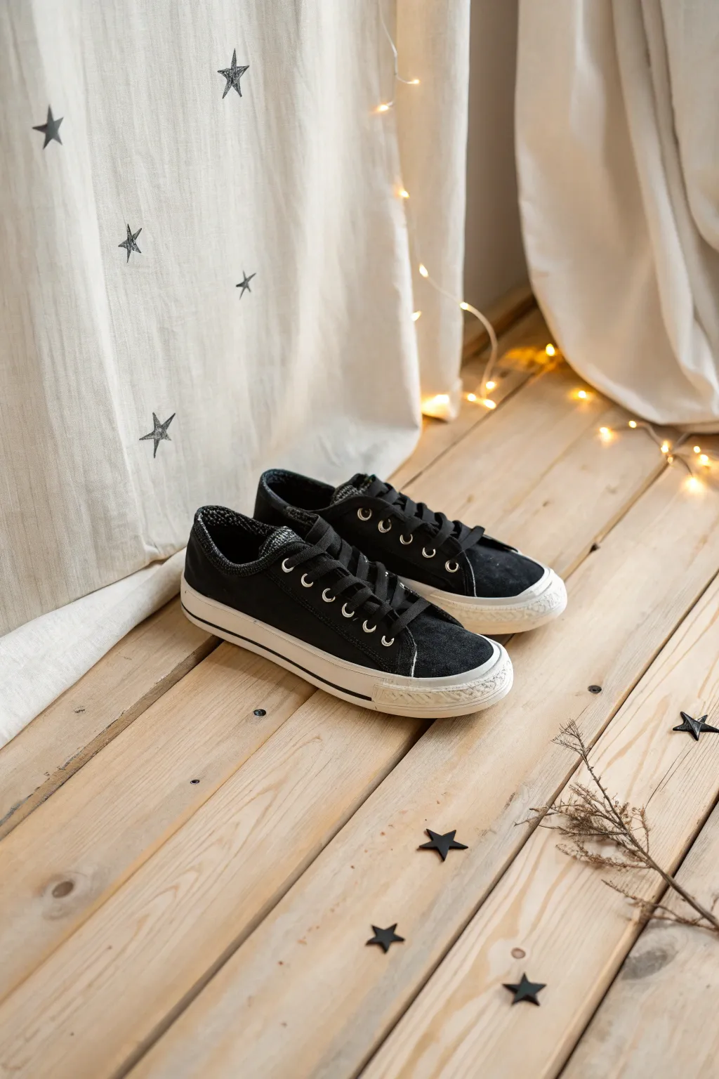 Matte black shoes with hidden glow stars, revealed by moody dim light for secret details