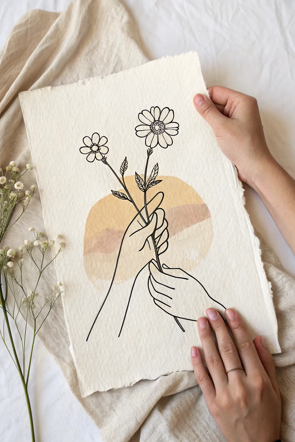 Simple boho line drawing idea: hands holding a flower stem with a warm beige shape