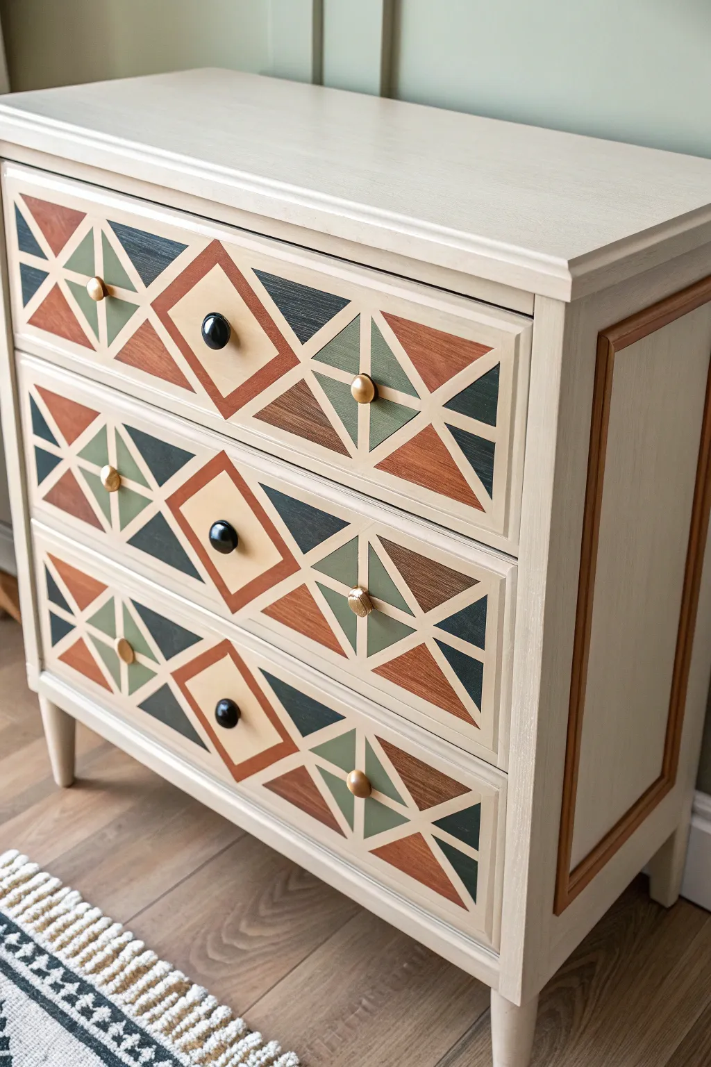 Faux inlay drawer panel in boho neutrals, crisp lines and artisanal brushwork close-up