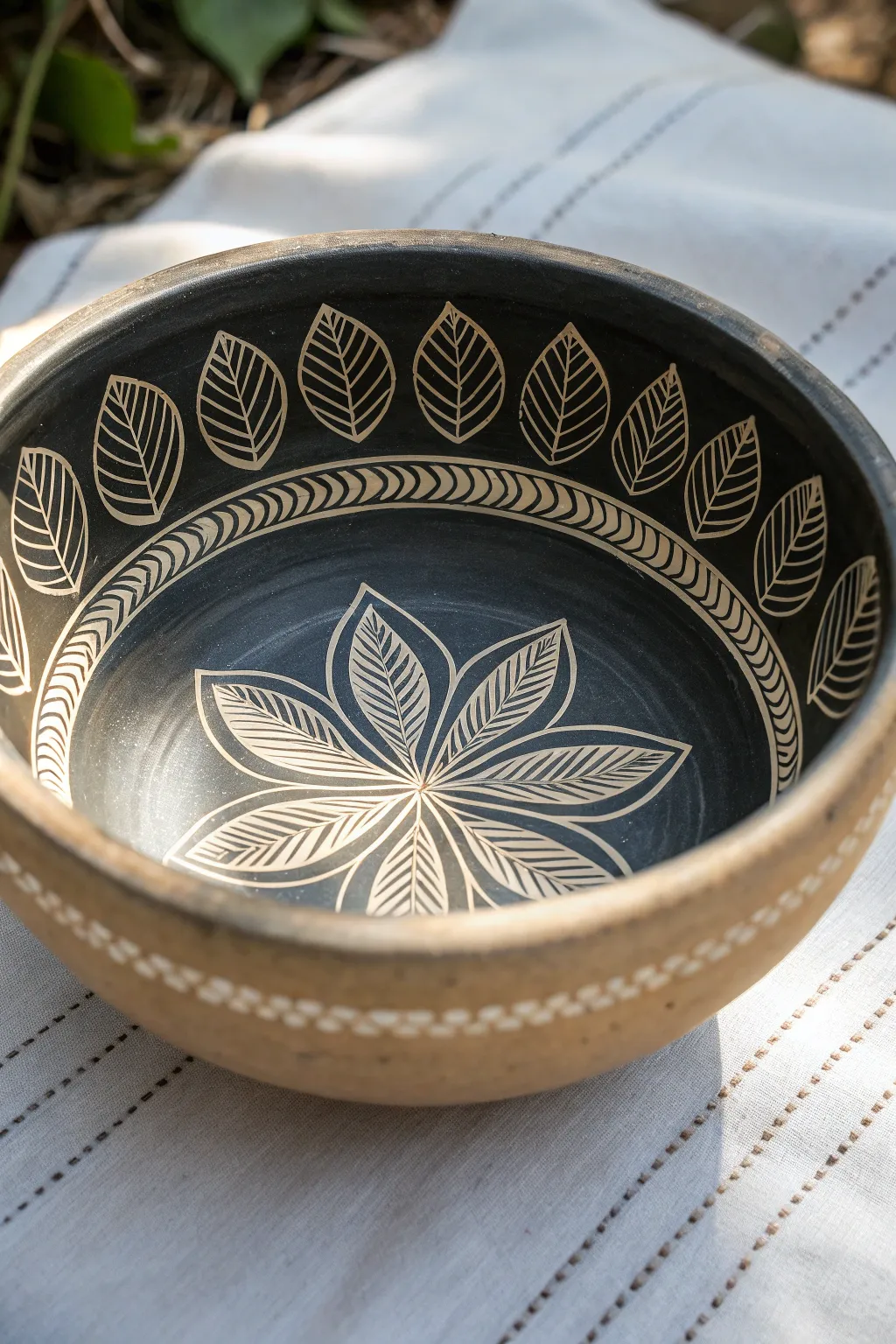 Sgraffito bowl painting idea: dark slip scratch-back reveals crisp botanical lines in warm clay.