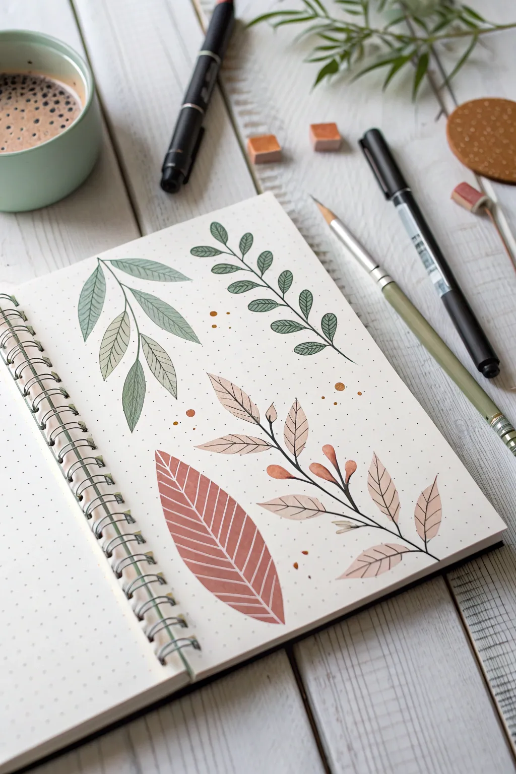 Brush pen leaves with fineliner hatching for instant texture, calm minimalist mixed media.