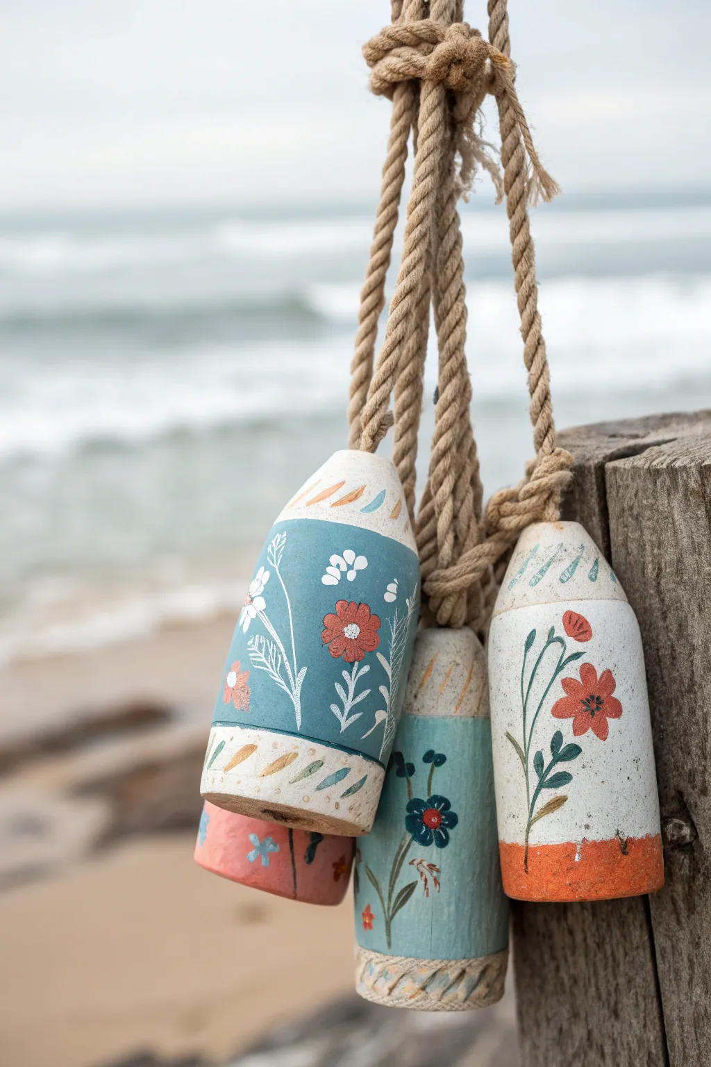 Seasonal buoy cluster: four hand-painted mini buoys celebrating spring, summer, fall, winter.