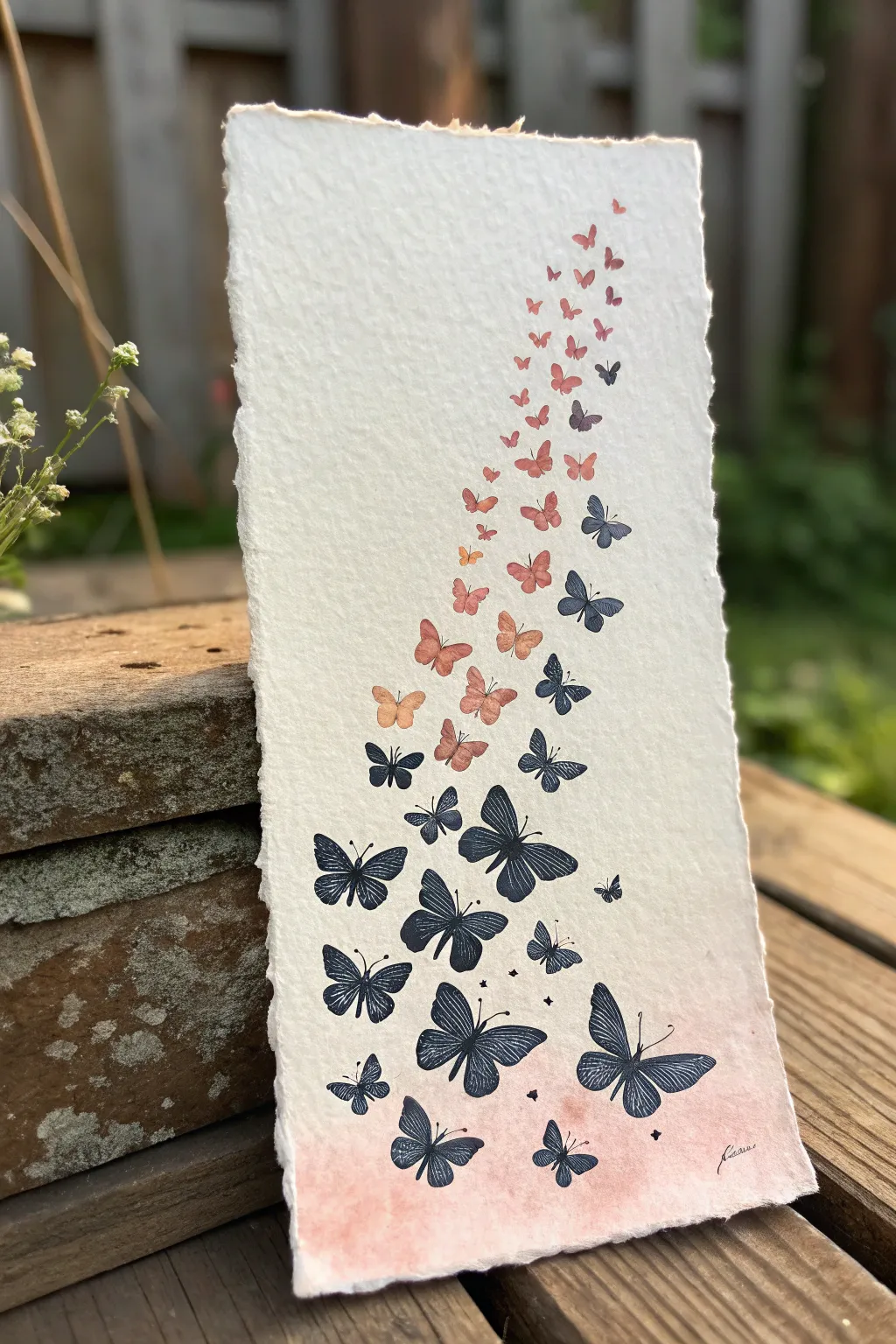 Vertical watercolor butterfly swarm rising from inky depths into soft, airy light above