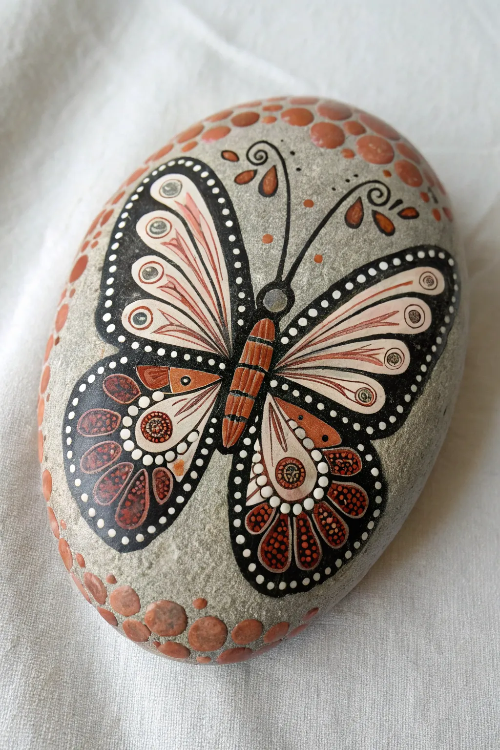 Mandala dot butterfly wings on a smooth river rock, simple Nordic boho palette and contrast.