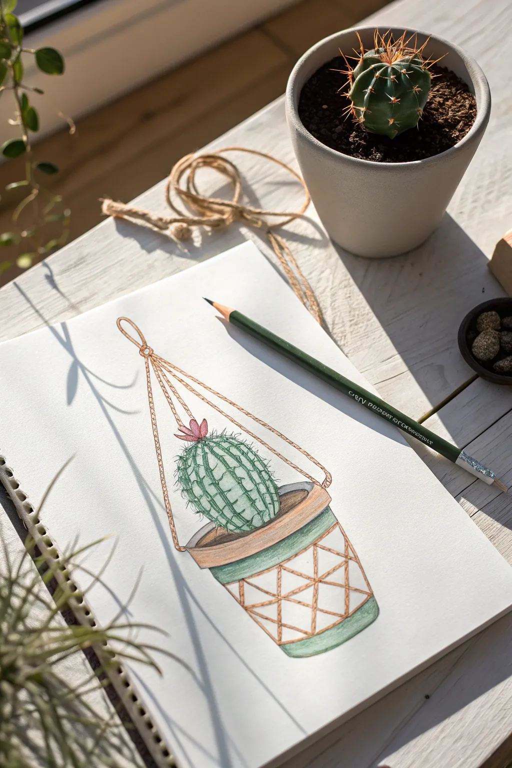 Minimalist hanging planter cactus sketch with soft shadow, Scandinavian boho vibe.
