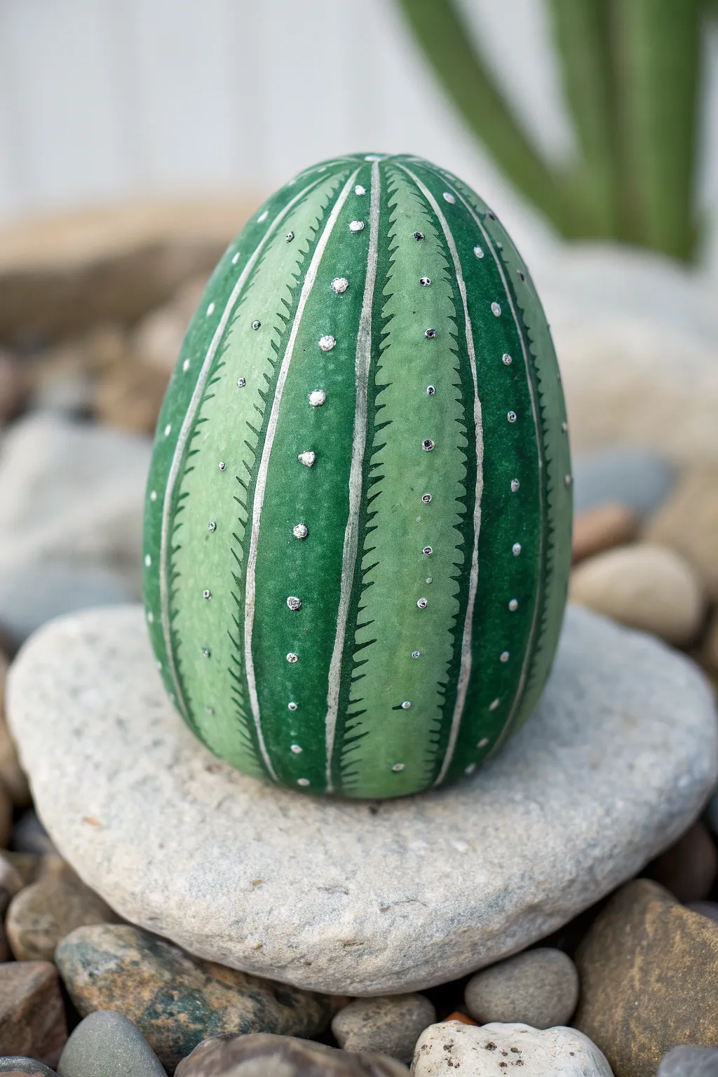 Stippled cactus rock with matte texture and tiny spines, minimalist boho styling