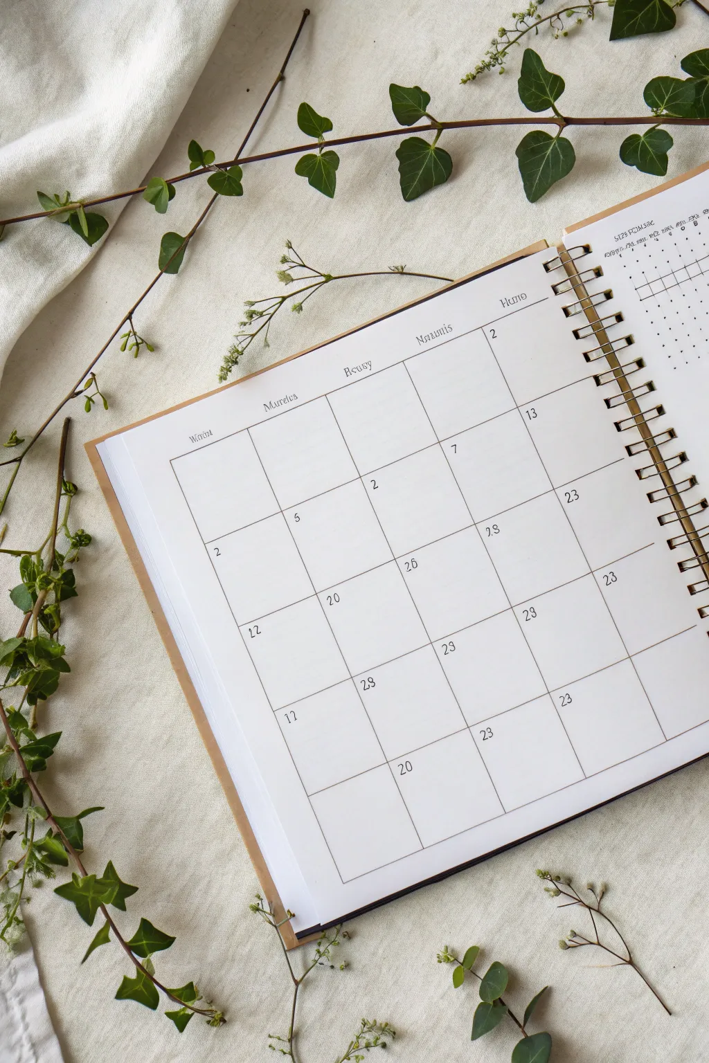 Minimal vine border doodle framing a blank monthly grid, airy Scandinavian boho vibes