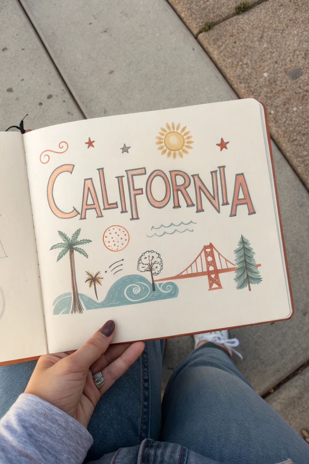Retro California lettering with tiny coastal icons, clean minimal lines, beachy vintage vibes