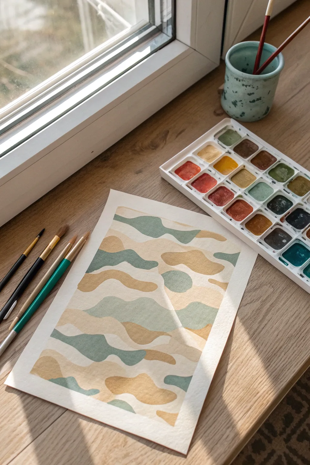 Earthy camo with a surprise teal or dusty pink pop, plus palette swatches for easy inspiration