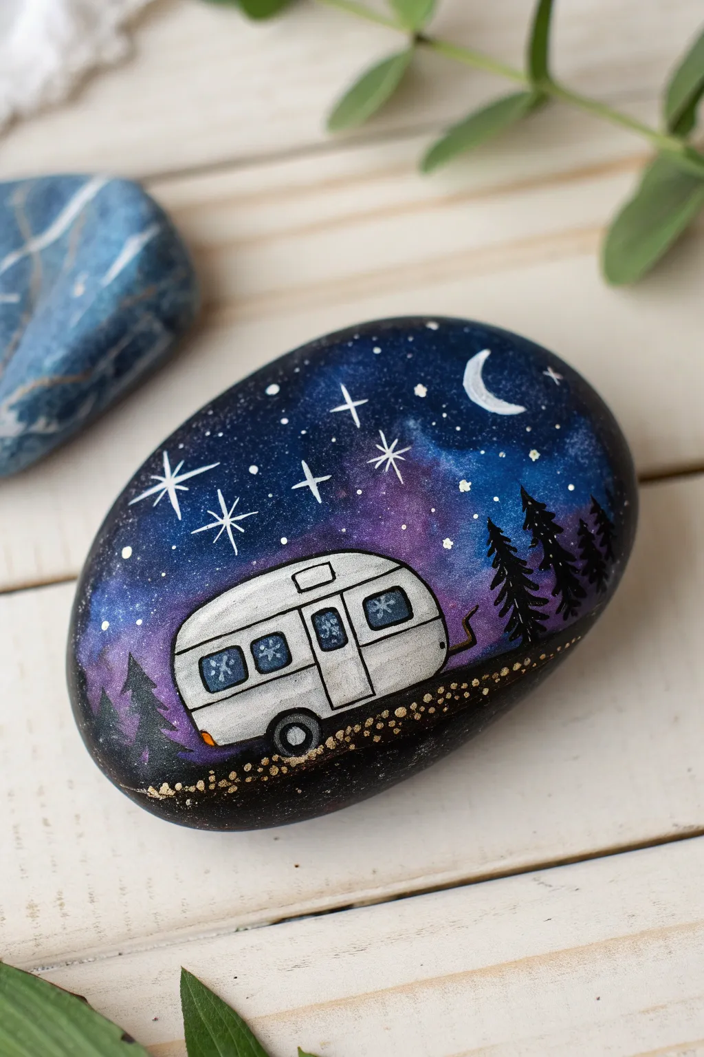 Minimal galaxy camper rock with subtle metallic trim, perfect for dreamy road trip decor.