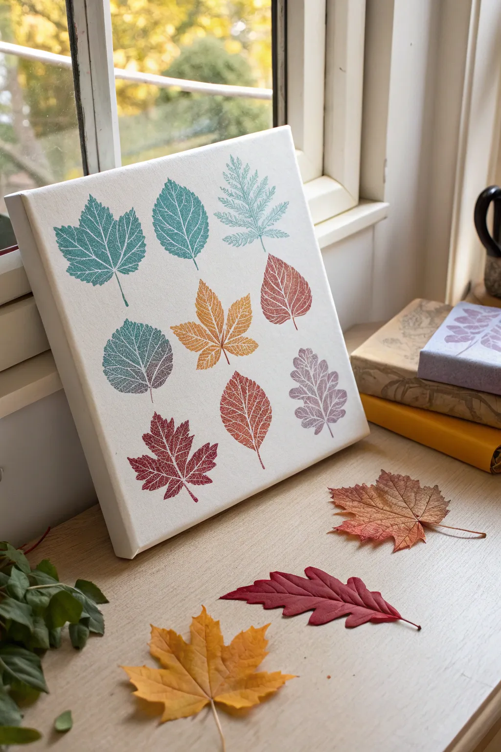 Leaf stamp nature canvas idea for kids, bright colors on clean canvas with cozy boho vibes