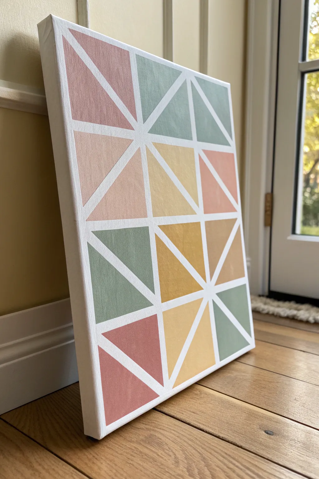 A simple tape grid turns toddler dabs into modern, minimalist canvas art in three calm colors.