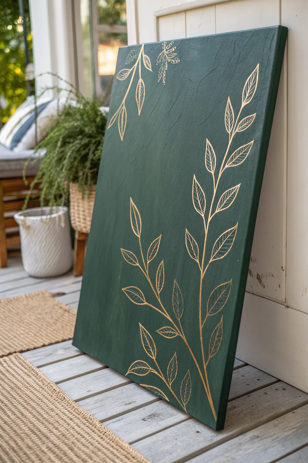 Minimal gold botanical line art on deep green canvas, calm Scandinavian boho vibe.
